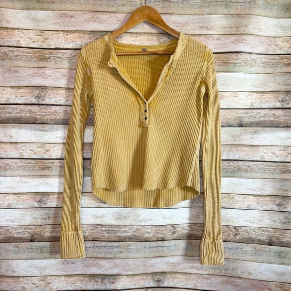 Free People Tops - Free People One Colt Mustard Yellow Waffle Thermal Henley Long Sleeve Top Size S